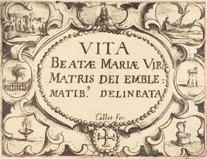 Página de título para "A Vida da Virgem em Emblemas" de Jacques Callot
