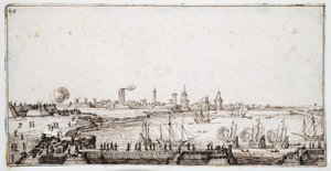 Vista do porto de La Rochelle com galeões a fazer uma saudação (caneta e tinta castanha sobre papel) de Jacques Callot