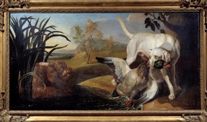 Braque dog segurando um pato-real em sua boca Pintura de Jacques Charles Oudry (1720-1778) Paris do século XVIII, Artes Decorativas de Jacques Charles Oudry