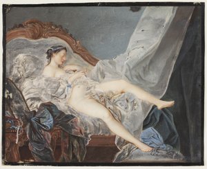 Uma garota nua, deitada de costas em um canapé entre grandes cortinas de Jacques Charlier