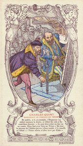 Carlos V pegando o pincel de Ticiano depois de deixá-lo cair enquanto trabalhava no retrato do Imperador (cor litho)