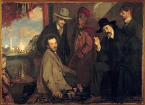 André Gide e seus amigos no Café Maure da Exposição Mundial de 1900 (Eugene Rouart; Charles Chanvin; Athman Ben Salah; Henri Gheon) Pintura de Jacques Emile (Jacques-Emile) Blanche (1861-1942) 1900 Sol. 1,56x2,2 m Rouen, Musee des Beaux Arts de Jacques Emile Blanche