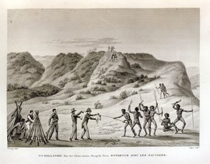 Baía dos Tubarões, Península de Perón, Nova Holanda: Encontro com os nativos, de &39;Viagem ao redor do mundo nas corvetas de Urania 1817-20&39; gravado por Dupare, publicado em 1825