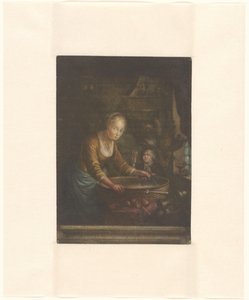 Mulher jovem, a cortar cebola de Jacques Fabien Gautier Dagoty (attributed to)