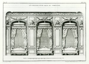 Uma elegante sala de desenho parisiense, no início de 1770, da Cours dArchitecture, Paris, publicada em 6 volumes de 1771 a 1777 por Blondel, Jacques-François (1705-74). Série concluída por Pierre Patte após sua morte,