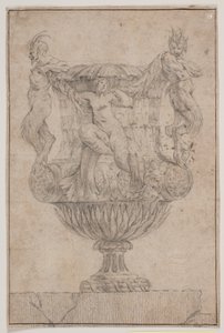 Vaso decorativo com Pan, fauno e ninfa. Copie após Pl. 14 no conjunto de vasos desenhado por Saly em 1746. "Vasa a se inventar..."