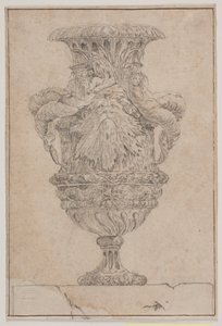 Vaso ornamental com cabeça grande, deus do mar e ninfa da água. Copie após Pl. 26 no conjunto de vasos desenhado por Saly em 1746. "Vasa a se inventar..." de Jacques Francois Joseph Saly