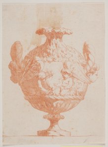 Vaso decorativo com duas cabeças e dois putti. Copie de acordo com pl. 19 no conjunto de vasos desenhado por Saly em 1746. "Vasa a se inventar..."