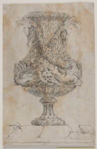 Vaso decorativo com duas cabeças e duas ninfas de água. Copie após Pl. 20 no conjunto de vasos desenhado por Saly em 1746. "Vasa a se inventar..." de Jacques Francois Joseph Saly
