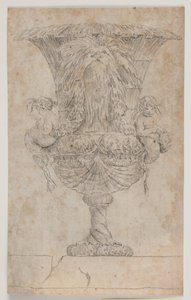 Vaso decorativo com dois putti (sereias?). Copie após a edição (pl. 9) no conjunto de vasos desenhados por Saly em 1746. "Vasa a se inventar..." de Jacques Francois Joseph Saly