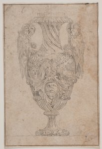 Vaso decorativo com duas corujas e uma cabeça. Copie após Pl. 15 no conjunto de vasos desenhados por Saly em 1746, "Vasa a se inventa..." de Jacques Francois Joseph Saly