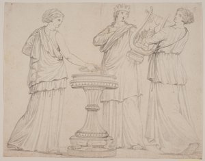 Três mulheres em vestes gregas em um altar. A mulher t.v. com um comprimido (?), no centro com uma coroa, t.h. com uma lira (terpsicore?) de Jacques Francois Joseph Saly