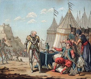 Philippe Villiers de L&39;Isle-Adam (1464-1534) recusa as proposições de Sulayman I (1494-1566), 1522, gravado por Jean Baptiste Morret (fl.1790-1820), 1792