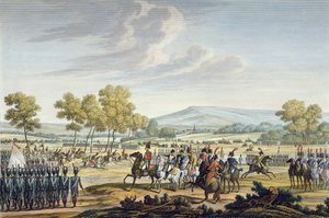 A Guarda Imperial Manobrando na Presença dos Dois Imperadores em Tilsit, 28 de junho de 1807, gravada por Edme Bovinet (1767-1832) (aquatint) de Jacques Francois Joseph Swebach
