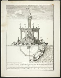 Planta e alçado de uma sala de música, placa três de Description des Festes Données par la Ville de Paris