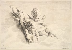 Dois cupidos, um segurando uma bola, meados do século XVIII. de Jacques Gabriel Huquier
