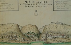 A cidade de Saint Jago (Santiago) em Cabo Verde, aguarela do diário de bordo mantido por Jacques Gouin de Beauchesne, capitão do navio nos mares do Sul de 1698 a 1701.