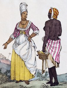 Mulher negra e mulata de Santo Domingo, gravura a cores a partir de desenho de Labrousse de Jacques Grasset de Saint Sauveur