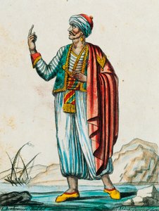 Fato masculino de estados bárbaros e muçulmanos, gravura colorida de desenho de Labrousse (ativo 1796), de Encyclopedie des Voyages, de Jacques Grasset de Saint-Sauveur (1757-1810) de Jacques Grasset de Saint Sauveur
