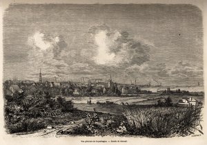 Vista geral de Copenhaga, desenho de Jacques Guiaud (1810-1876), para ilustrar a viagem de J.M.Dargaud à Dinamarca (1800-1860), em 1860. Gravura em "Le tour du monde", editado por Edouard Charton