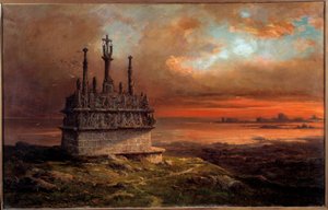 O Calvário do Tronoen na Pintura do Pôr-do-Sol por Jacques Guiaud (1811-1876) Brest do século XIX, Musee des Beaux Arts