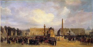 A volta das cinzas de Napoleão I (1769-1821) em Paris a 15/12/1840: o cortejo atravessa a Place de la Concorde Pintura de Jacques Guiaud (1811-1876) 1841 Sol. 1,05x2,17 m.