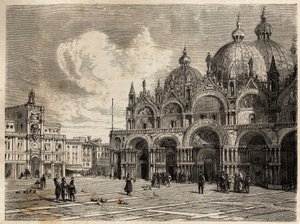 A praça e a igreja de São Marcos, desenhada por Jacques Guiaud (1810-1876), para ilustrar a viagem de Adalbert de Beaumont a Veneza, por volta de 1850. Gravura em "Le tour du monde", editado por Edouard Charton de Jacques Guiaud