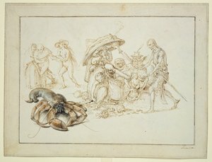 Lagosta e duas bruxas , c.1602 (caneta e aguarela sobre papel) de Jacques II de Gheyn