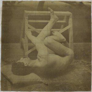 Estudo de um modelo nu masculino, deitado com as pernas contra uma escada, no estúdio de Jacques de Lalaing de Jacques Lalaing (attributed to)