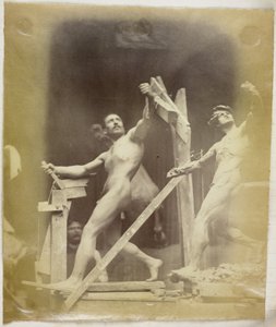 Estudo de um modelo nu masculino em um andaime, visto de lado e ao lado de um modelo de gesso na mesma pose, no estúdio de Jacques de Lalaing de Jacques Lalaing (attributed to)