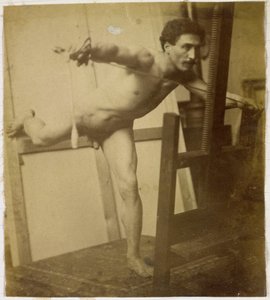 Estudo de um modelo masculino nu, inclinado para a frente com a perna direita para trás, no estúdio de Jacques de Lalaing de Jacques Lalaing (attributed to)
