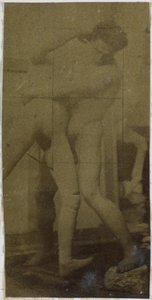 Estudo de um modelo masculino nu, de pé e lutando com boneca membro, no estúdio de Jacques de Lalaing, possivelmente estudo preliminar para a pintura The Wrestlers de Jacques Lalaing (attributed to)