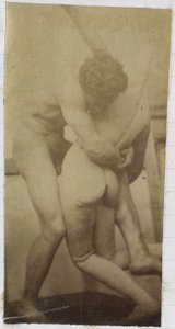 Estudo de um modelo masculino nu, em pé e lutando com boneca membro, no estúdio de Jacques de Lalaing, possivelmente estudo preliminar para a pintura Os Lutadores de Jacques Lalaing (attributed to)