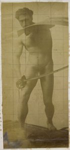 Estudo de um modelo nu masculino, de pé com espada e escudo nas mãos, no estúdio de Jacques de Lalaing de Jacques Lalaing (attributed to)