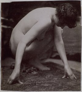 Estudo de um modelo feminino nu, visto de lado, no estúdio de Jacques de Lalaing, estudo preliminar de elemento para uma fonte no Musee des Beaux arts, Tournai e para uma fonte circular de Jacques Lalaing (attributed to)