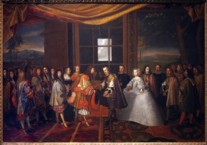 Guerra dos Trinta Anos: “” Entrevista do Rei da França Luís XIV (1638-1715) e Filipe IV da Espanha (1605-1665) na ilha de Paisans em 11/07/1659”” A Espanha concorda em assinar o Tratado da Pirineus. A filha de Filipe IV, Marie Therese (Marie-Therese) de Jacques Laumosnier
