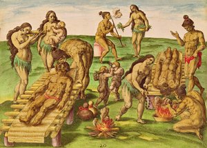 Como os índios tratam os doentes, de "Brevis Narratio ..", gravado por Theodore de Bry (1528-98) publicado em Frankfurt, 1591