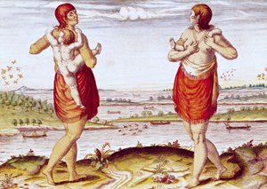 Como as mulheres de Dasamonquepeuc carregam seus filhos, de &39;Admiranda Narratio ..&39;, gravada por Theodore de Bry (1528-88) 1585-88 de Jacques Le Moyne