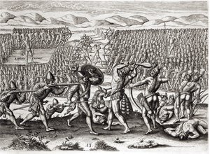 Outina derrota Patanou com a ajuda dos franceses, Flórida, 1564, de "Brevis Narratio" gravada por Theodore de Bry (1528-98) 1591 (ver também 223425 e 173458) de Jacques Le Moyne