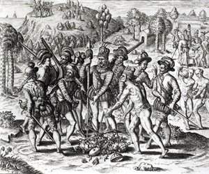 Espanhóis recebendo presentes de índios, de &39;História&39;, de 1598, gravados por Theodor de Bry (1528-98) de Jacques Le Moyne