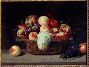 Cesto de granadas, pêssegos e uvas Pintura por Jacques Linard (1600-1645) Sol do século XVII. 0,46x0,61 m