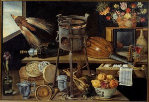 Os cinco sentidos e os quatro elementos alguns objetos carregam as armas da família Richelieu. Natureza morta de vinho, fruta, flores, instrumentos musicais. Pintura de Jacques Linard (1600-1645) 1627 Sol. 1,05x1,53 m