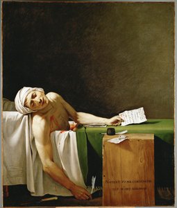 Jean Paul Marat, político e publicista, morto na sua banheira, assassinado por Charlotte Corday em ... de Jacques Louis David