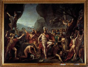 Leonidas para Termópilas Episódio da Batalha das Termópilas em 480 AC, opondo os gregos aos persas de Xerxes I, Leonidas I Rei de Esparta, segurando os braços, senta-se numa rocha, perto do altar de Hércules, nas traseiras uma tropa de espartanos avança pa de Jacques Louis David