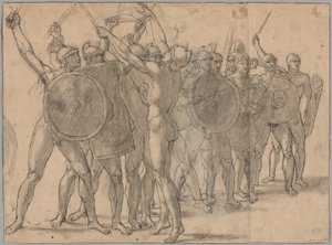 Soldados nus gesticulando com suas armas (reto); Dois estudos de cortinas para a figura de Tatius (verso) de Jacques Louis David