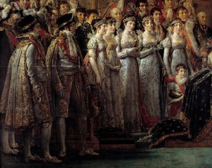 O Rito de Napoleão. Detalhe dos irmãos e irmãs do Imperador durante o Sacro do Imperador Napoleão I Bonaparte e a coroação da Imperatriz Josefina em Notre-Dame de Paris, em 2 de dezembro de Jacques Louis David