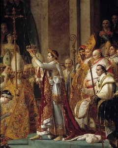 O Rito de Napoleão. Detalhe de Napoleão usando a coroa durante o Sacro do Imperador Napoleão I Bonaparte e coroação da Imperatriz Josefina em Notre-Dame de Paris em 2 de dezembro de Jacques Louis David