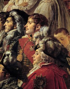 O Rito de Napoleão. Detalhe representando Auguste Jean-Gabriel de Caulaincourt (1777-1809), Eugene Rose de Beauharnais dit Prince Eugene (1781-1824), e Charles Maurice de Talleyrandt-Perigord dit Talleyrand (1754-1838) durante o Sacre do Imperador Napoleo de Jacques Louis David
