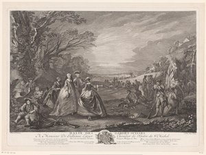 Paisagem com quatro figuras visitando um acampamento do exército
Halte des Gardes Suisses (título sobre o objecto) de Jacques Philippe Le Bas