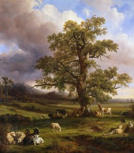 Animais descansando em torno de uma grande árvore de carvalho, 1842